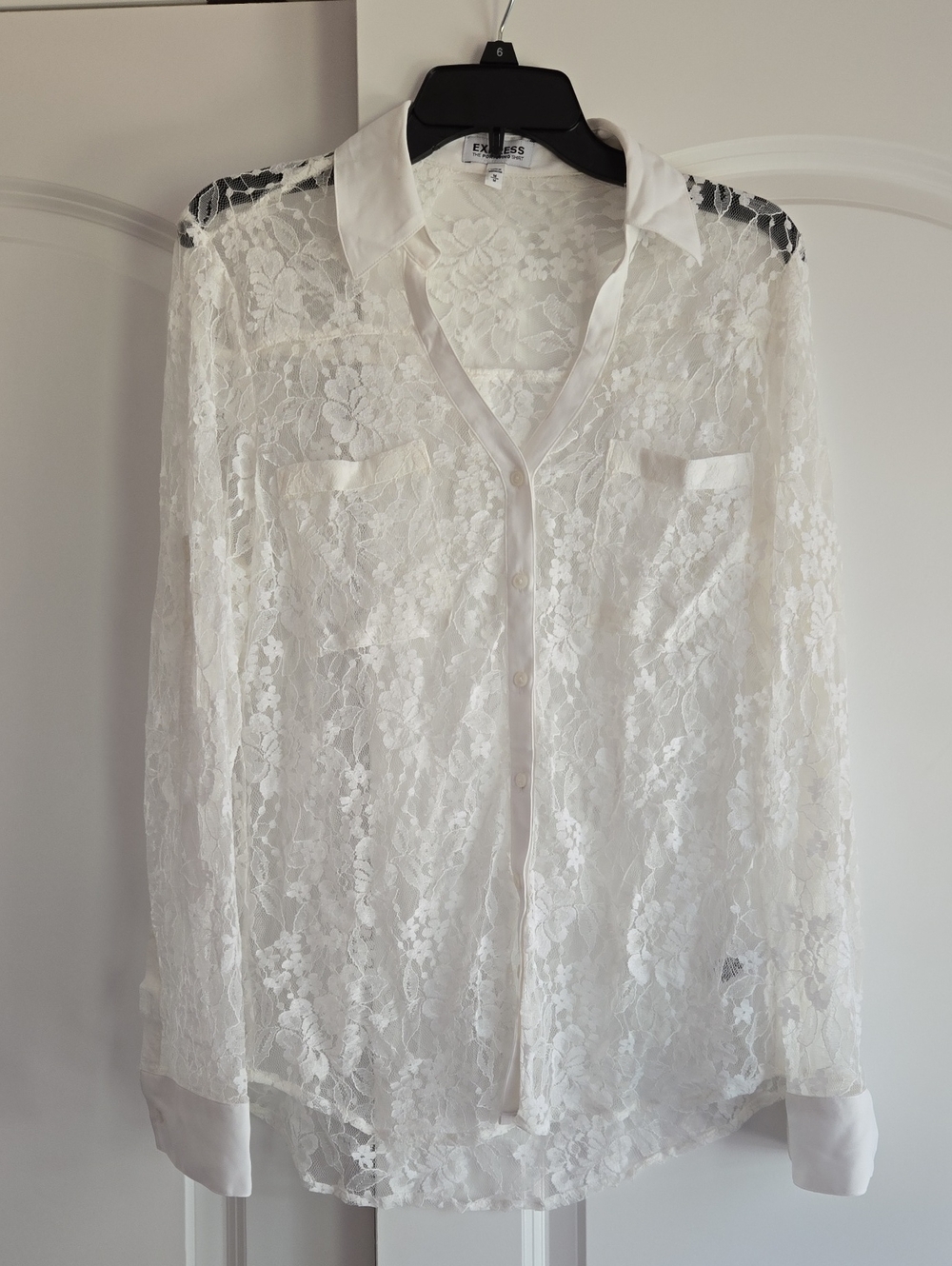 Express Women's White Lace Button-Down Blouse